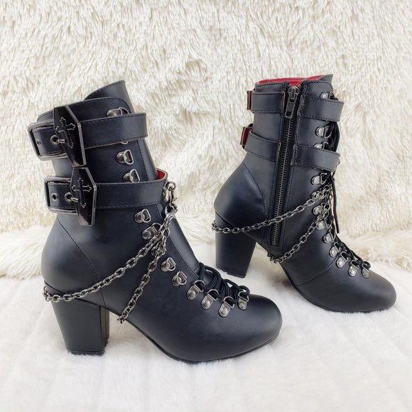 Vivika Goth Granny Ankle Boots Coffin Straps & Chain - Picture 12 of 16
